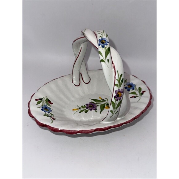 Hand Painted Portugal Pottery Basket with Braided Handle-Signed - Picture 1 of 7